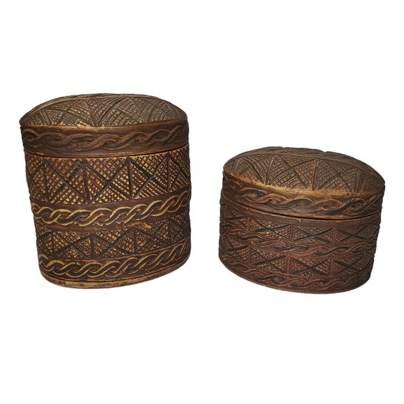 2/Set Faux Carved Wood Canisters Oval-Cylinder Vanity Dresser Storage Boho - Picture 1 of 6